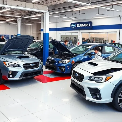 A comprehensive Subaru bodywork and collision repair service at Auto Expert Workshop Dubai, featuring technicians repairing various parts including bumpers and dents.