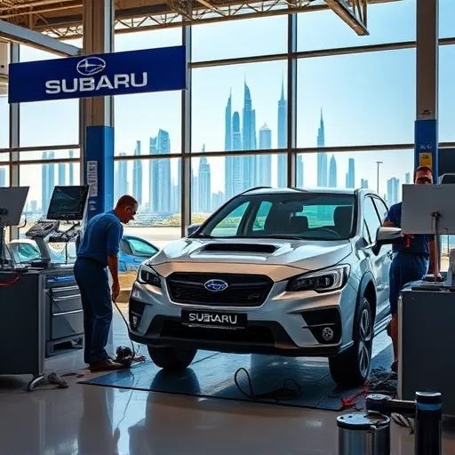 Subaru car service and maintenance center in Dubai, featuring mechanics servicing a Subaru vehicle with advanced tools and the Dubai skyline in the background.
