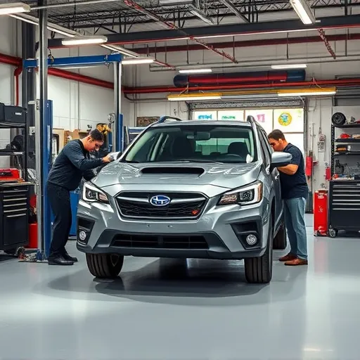 A comprehensive Subaru general services workshop in Dubai, featuring expert mechanics servicing a Subaru vehicle with various tools and equipment.