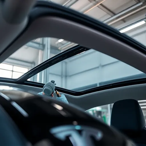A technician repairing a Tesla sunroof in Dubai, focusing on the seal fixing process.