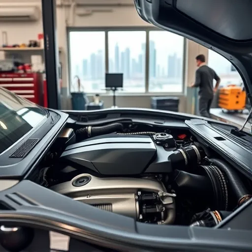 A technician replacing the timing belt of a Tesla vehicle in a high-tech workshop in Dubai, showcasing the intricate components of the engine.