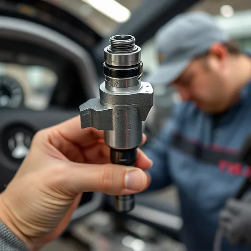 A technician replacing and calibrating a fuel injector on a Tesla vehicle in a high-tech garage in Dubai, with various automotive tools visible.
