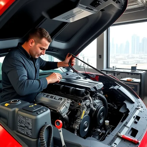 A technician performing serpentine belt replacement and adjustment on a Tesla in a Dubai workshop, showcasing the engine and tools.