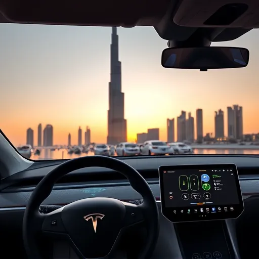 A Tesla vehicle parked in front of the Burj Khalifa in Dubai, displaying a modern digital interface, symbolizing the integration of new software updates in an urban setting.