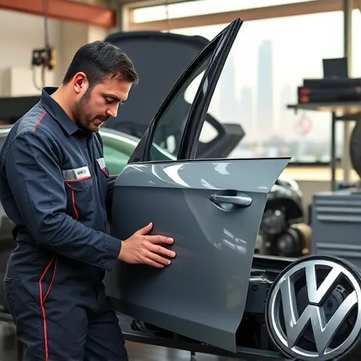 A mechanic repairing a Volkswagen quarter panel in a workshop, with the Dubai skyline visible outside the garage.