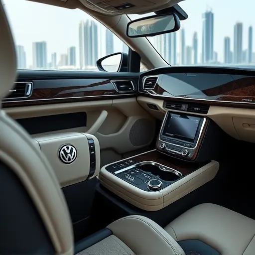 A stunning Volkswagen interior with custom trim and accents, highlighting premium finishes and a sophisticated atmosphere, with Dubai's skyline visible through the windows.