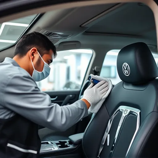 A technician performing deep cleaning and detailing on the interior of a Volkswagen vehicle in a Dubai workshop, highlighting leather seats and high-quality materials.