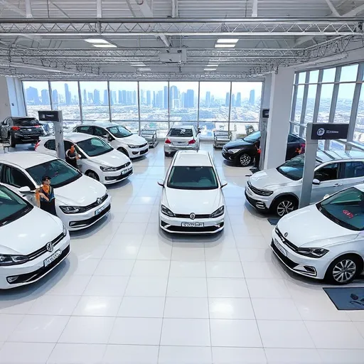 A Volkswagen garage and auto workshop in Dubai, featuring mechanics servicing cars and a view of the Dubai skyline.