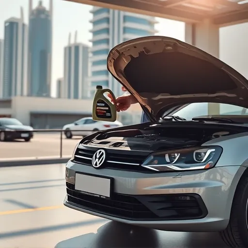 A mechanic servicing a Volkswagen car with 10W40 engine oil in a stylish garage in Dubai, surrounded by a blend of modern architecture and vibrant sunlight.