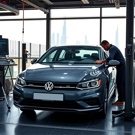 A mechanic performing maintenance on a Volkswagen car in a contemporary workshop in Dubai, showcasing tools and the city skyline in the background.