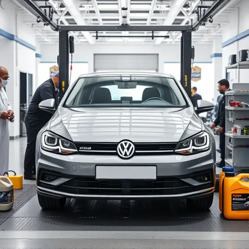 Mechanics performing an oil change and lubrication service on a Volkswagen car in a Dubai service center.