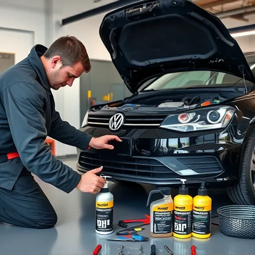 A mechanic working on a Volkswagen car to seal an oil leak, surrounded by tools and oil sealant products in a well-equipped garage.
