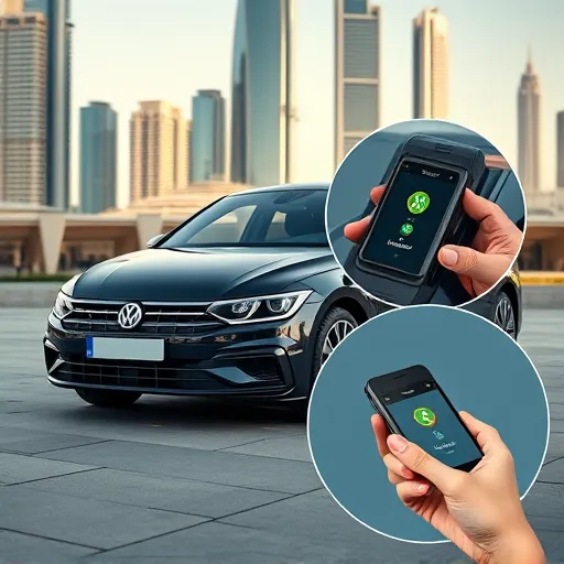 A Volkswagen car in Dubai with a technician installing a car tracker device, surrounded by modern skyscrapers and a vibrant city atmosphere.